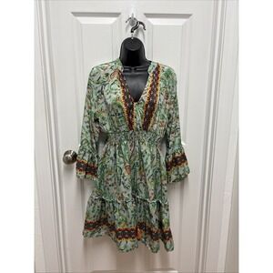 Boho Floral Mini Dress Women's Silk Green Multicolor Smocked‎ Waist Ruffle Hem